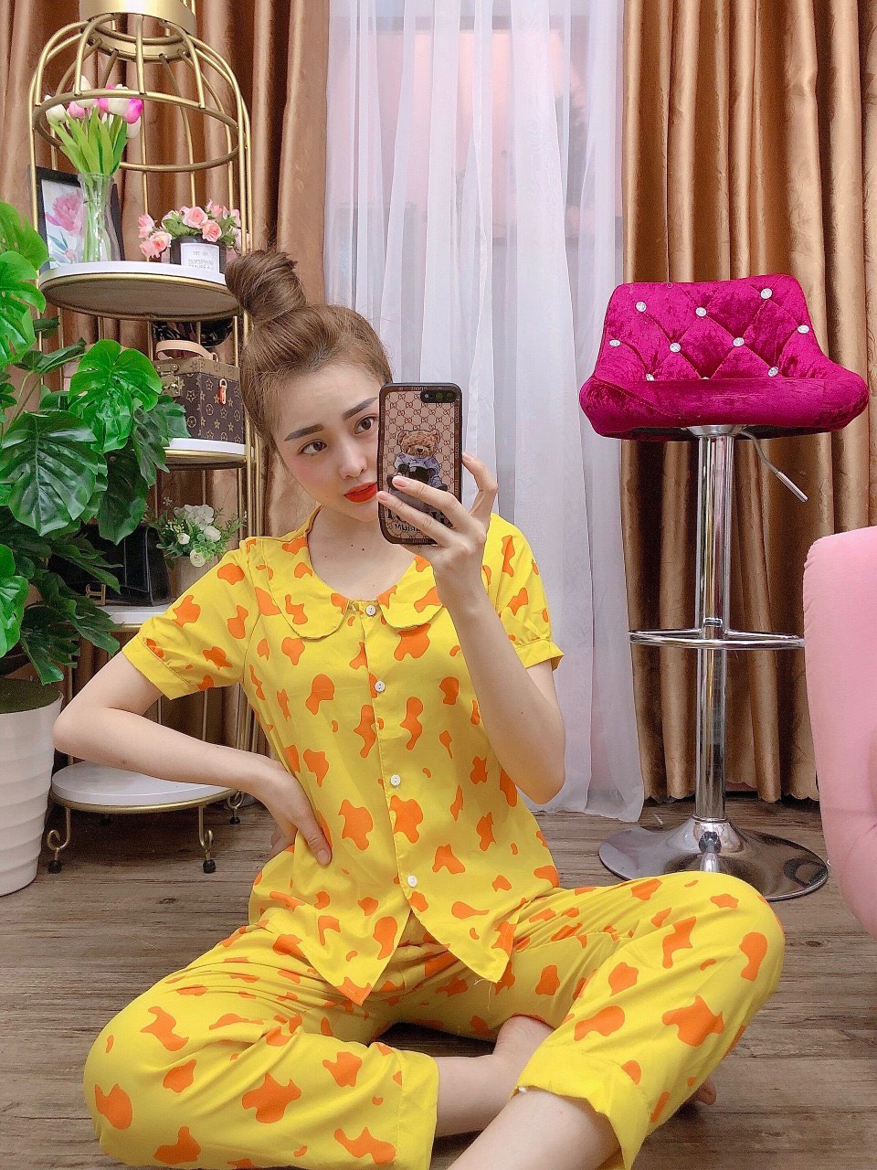 ĐỒ BỘ PIJAMA DÀI KATE LỤA CỔ BÈO HỌA TIẾT BÒ SỮA HOT TREND (ẢNH THẬT) FREE SIZE DƯỚI 60KG - NEW3