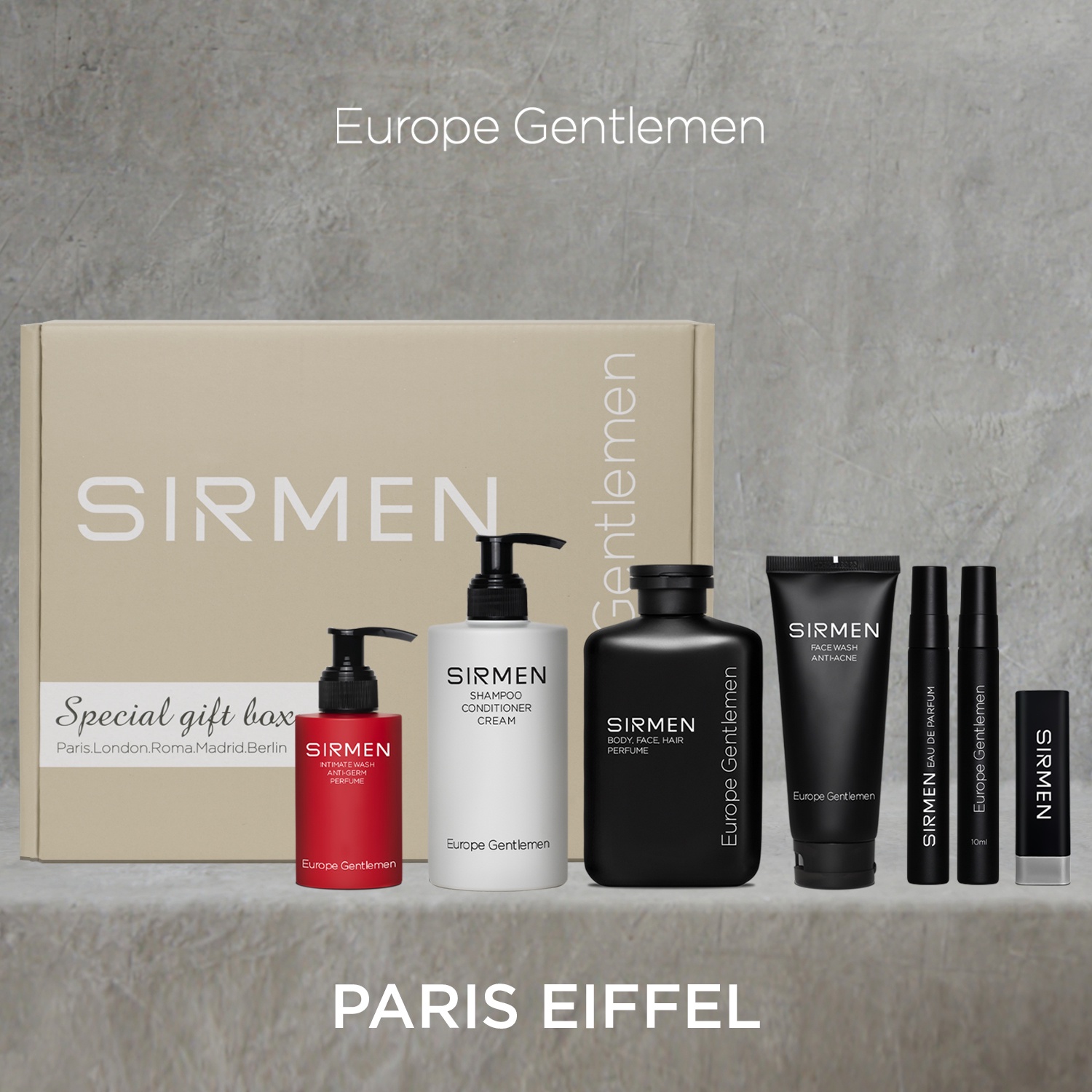 Giftbox combo 1 paris eiffel sữa tắm nam 4 in 1, dầu gội xả dưỡng nam 3 in 1, nước hoa, dung dịch vệ sinh nam 3 in 1, sửa rửa mặt 2 in 1 và son dưỡng nam sirmen