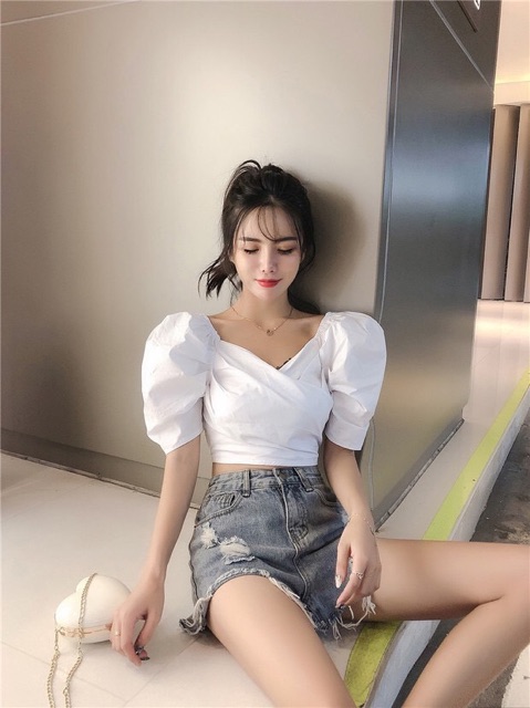 [HCM]Áo kiểu croptop đắp chéo tay phồng