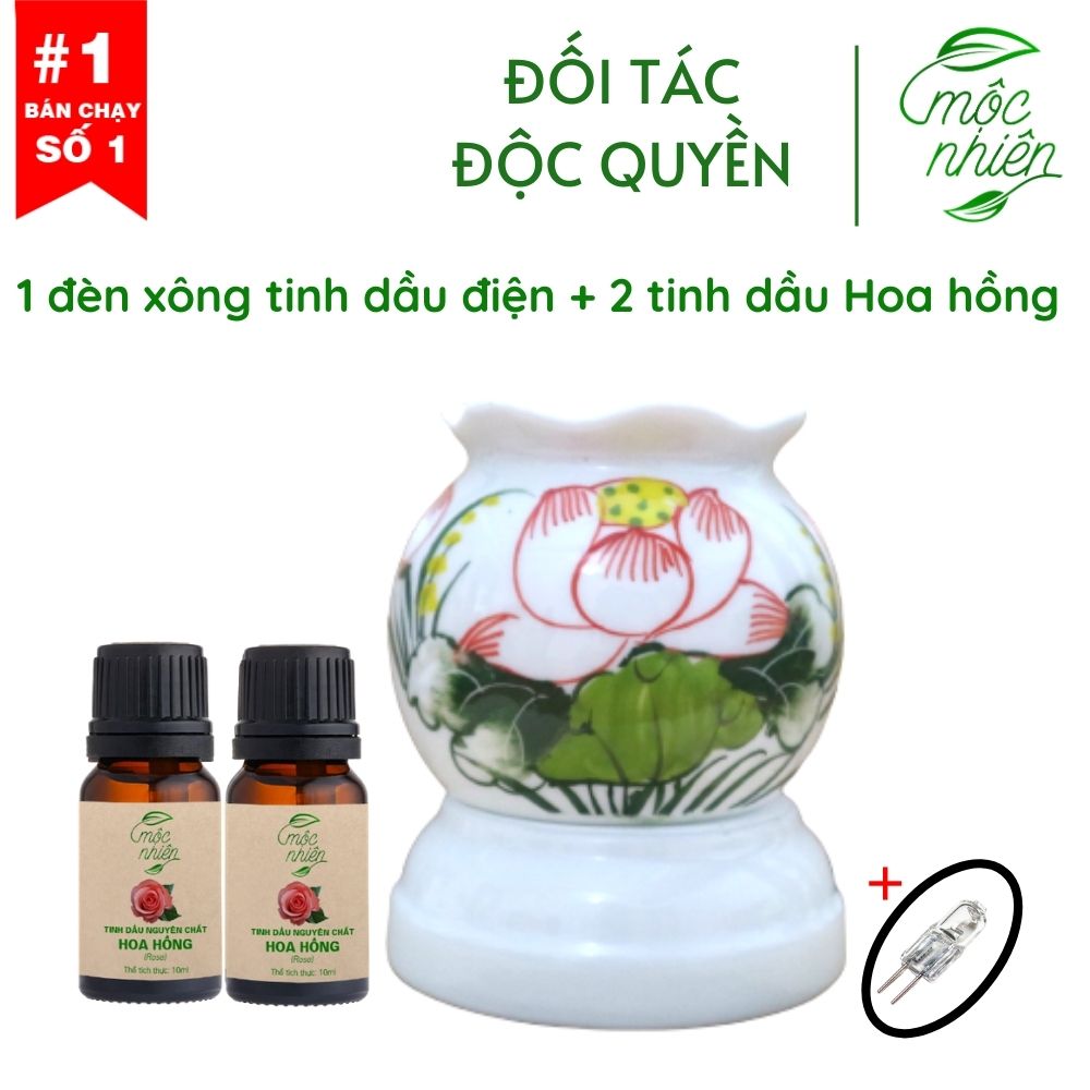 Combo đèn xông tinh dầu + 2 tinh dầu 10ml Mộc Nhiên có kiểm định + 1 bóng đèn