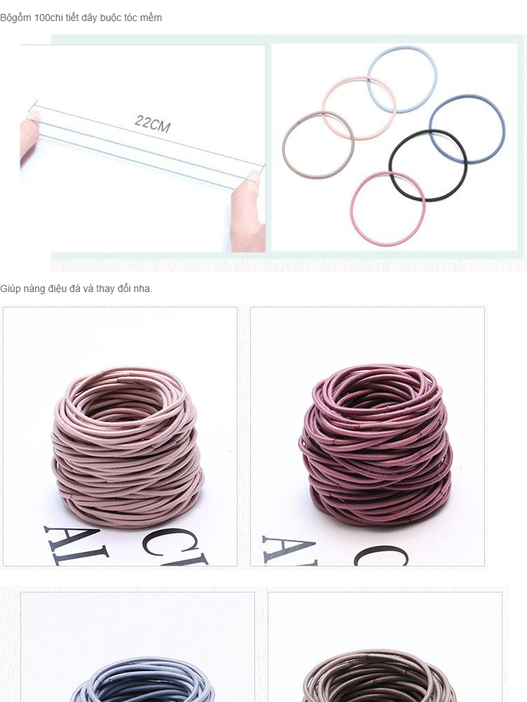 Set 100 thun cột tóc phong cách Hàn Quốc tặng kèm túi zip - chun cột tóc