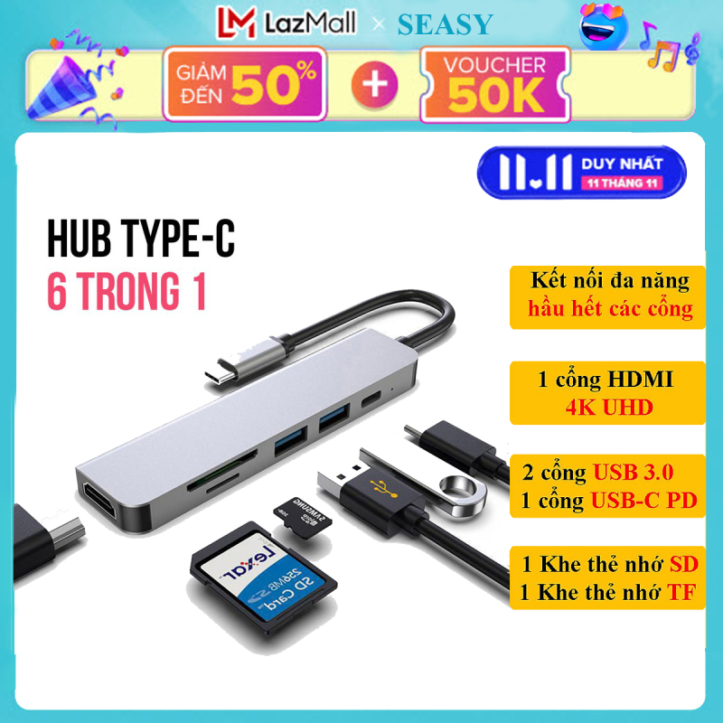 Bảng giá Hub chuyển đổi USB TypeC 6 trong 1 SEASY SS26, Cổng chuyển đổi HUB USB TypeC to HDMI, 1 cổng HDMI 4k UHD , 3 cổng USB 3.0, 2 khe đọc thẻ nhớ SD và TF, Kết nối nhiều thiết bị với tốc độ cao, Dùng cho Điện thoại/Laptop/PC/Macbook Phong Vũ