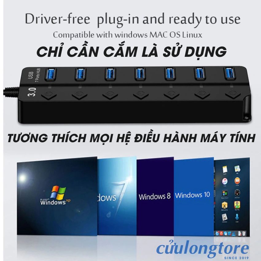 Bộ Chia Cổng USB OTG Hub USB 3.0 cổng USB mở rộng đầu chia USB 1 ra 4 và 7 dây dài cổng công tắc nguồn phụ đèn Led