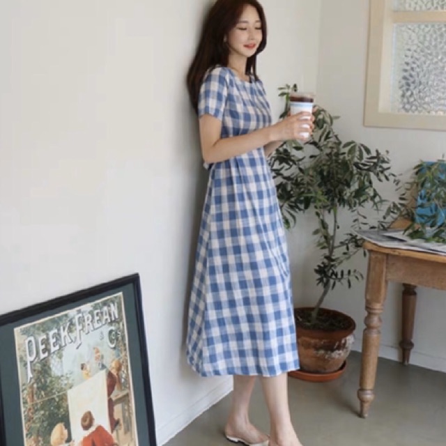 Đầm caro xanh form dài