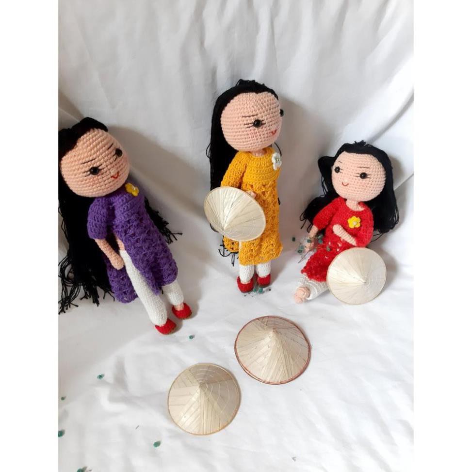 Búp bê áo dài đan bằng len-phụ kiện studio có ảnh thật