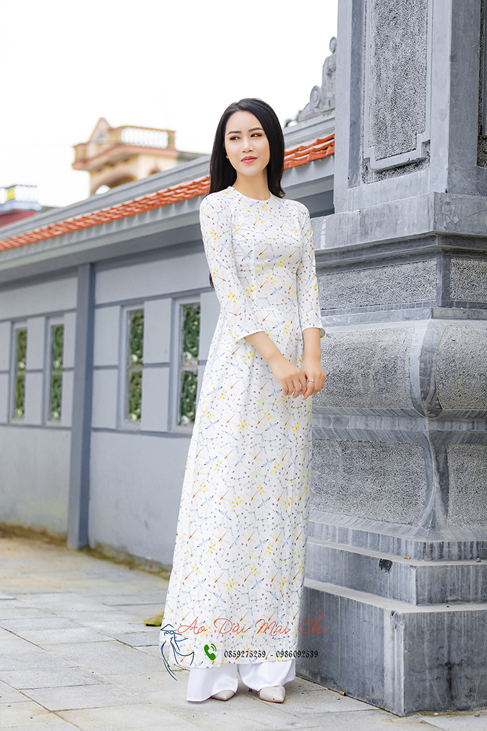 Bộ áo dài truyền thống họa tiết chuồn chuồn (cả bộ)