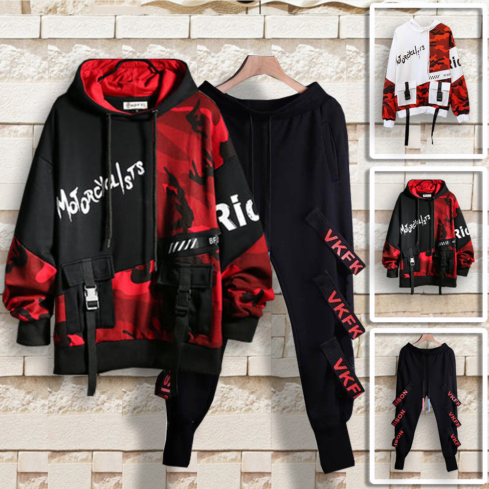 Bộ Đồ Thun Nam Áo Hoodies Túi Hộp Khoá Phối Họa Tiết Rằn Ri Kết Hợp Quần Jogger Phối Dây Chữ Trẻ Trung Thời Trang FASHION4MENHCM SET 9000089C