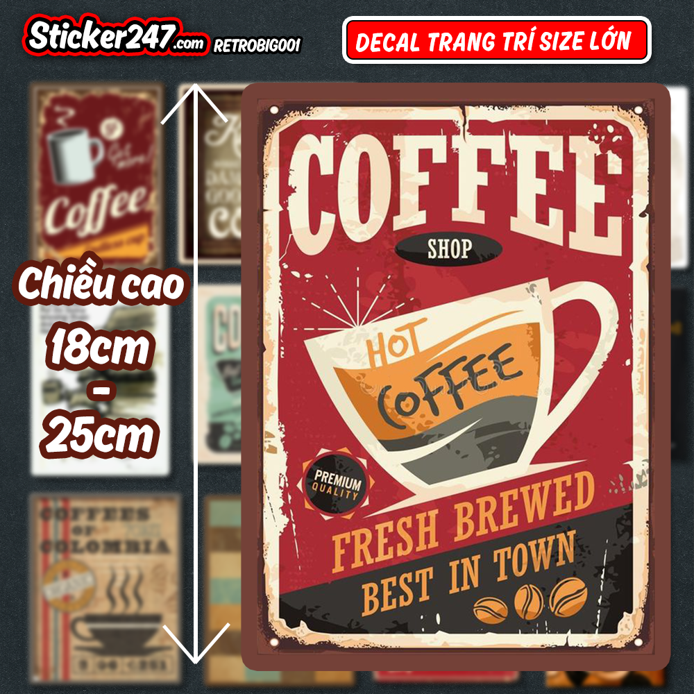 Combo 8 tấm Decal size lớn Vintage Retro 🌈𝑭𝒓𝒆𝒆𝒔𝒉𝒊𝒑 dán Decor phòng, quán cà phê, dán tường, dán kính trang trí