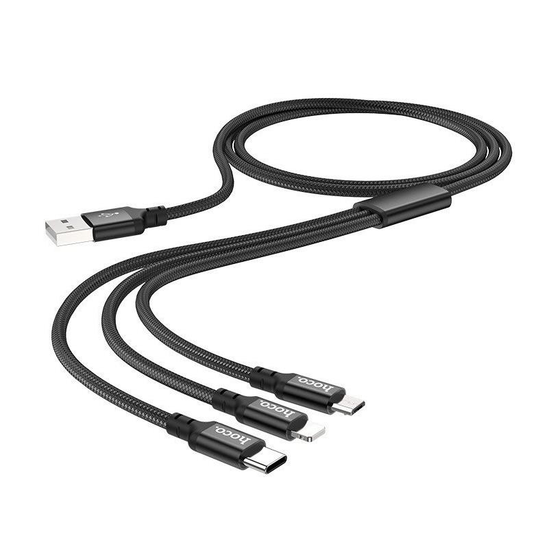 Cáp sạc đa năng 3in1 Ho_co X14 cổng microUSB / Lightning / Type-C dài 1M, max 2.4A Dây dù 3 đầu Android Ip | Type C