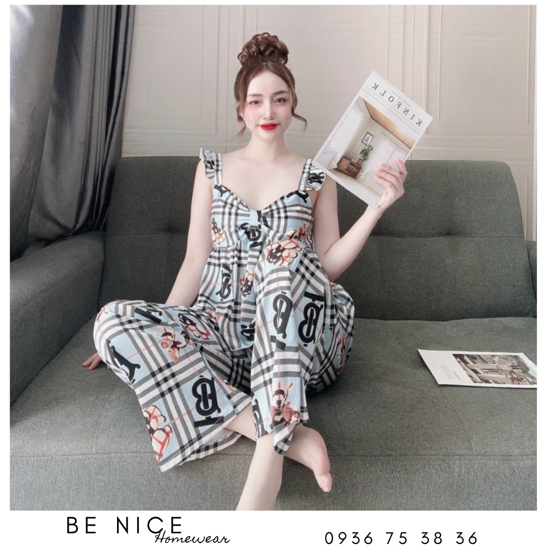 Set lụa dài mặc nhà nơ tay cánh tiên