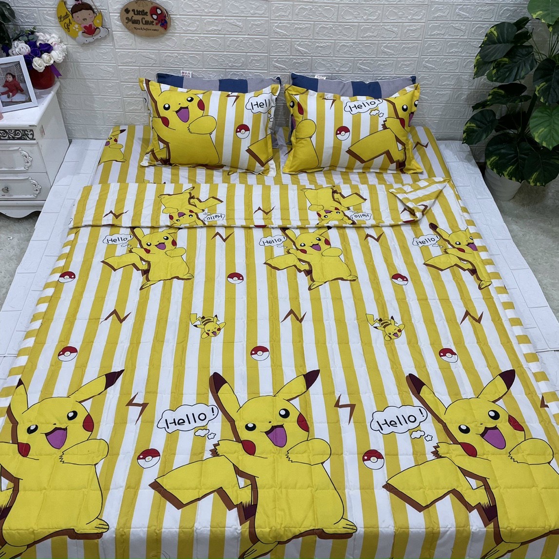 Bộ chăn ga gối cotton poly - pokemon vàng tiệm nhà cá