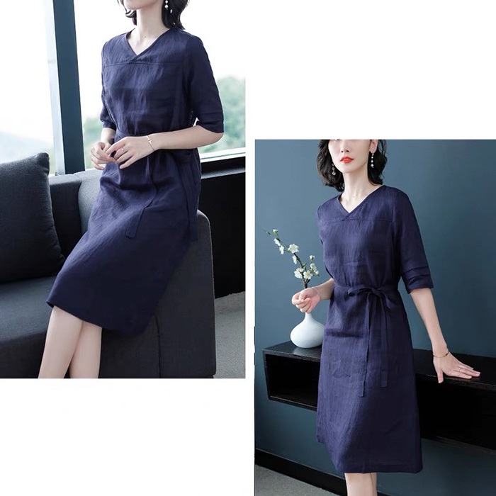 Đầm suông Linen bột Premium cổ tim chồng tay lỡ