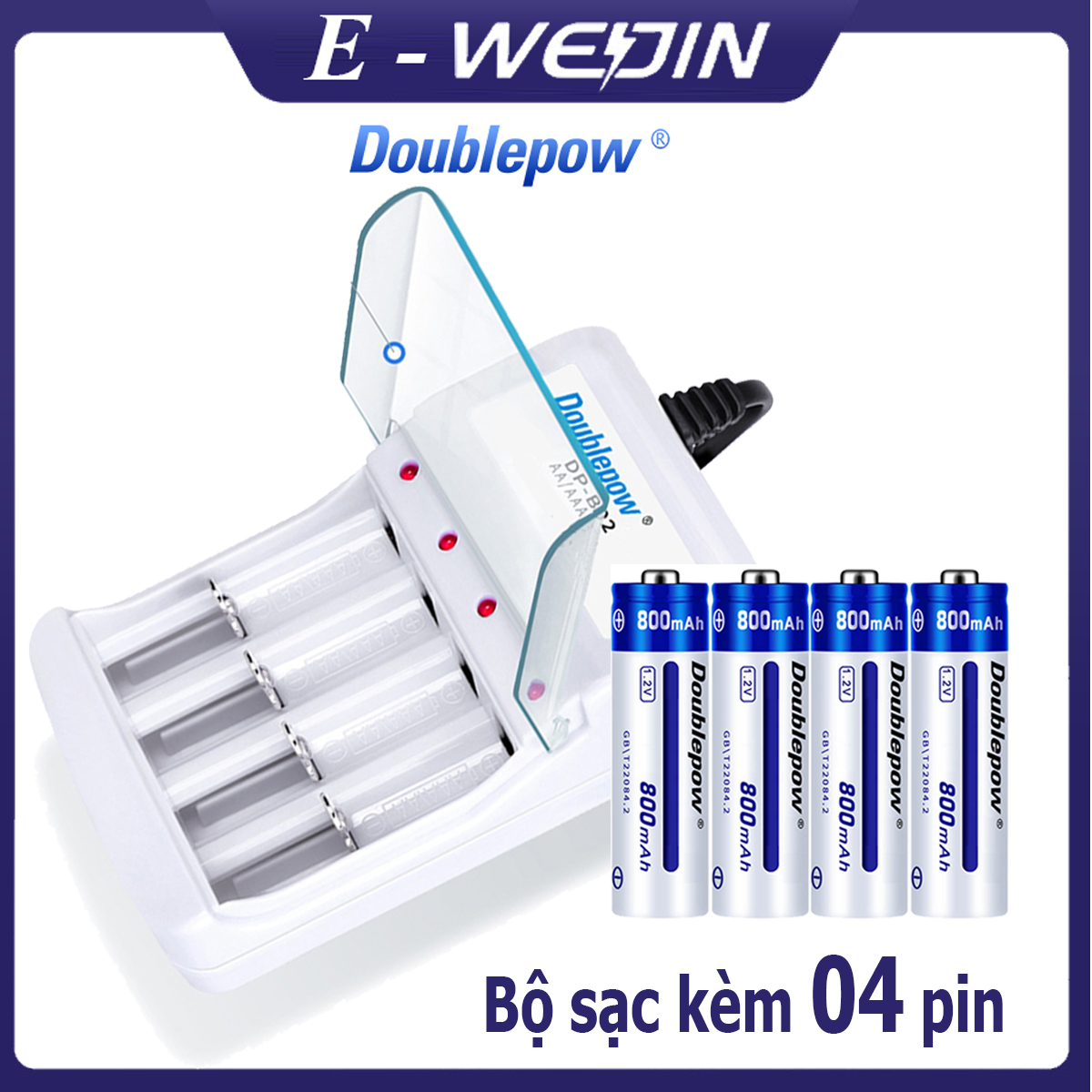 Combo Bộ sạc pin tiểu AA, AAA Doublepow B02 và 4 viên pin tiểu AA 3000mah 1200mAh 800mAh sạc lại cùng hãng (có nhiều sự lựa chọn)