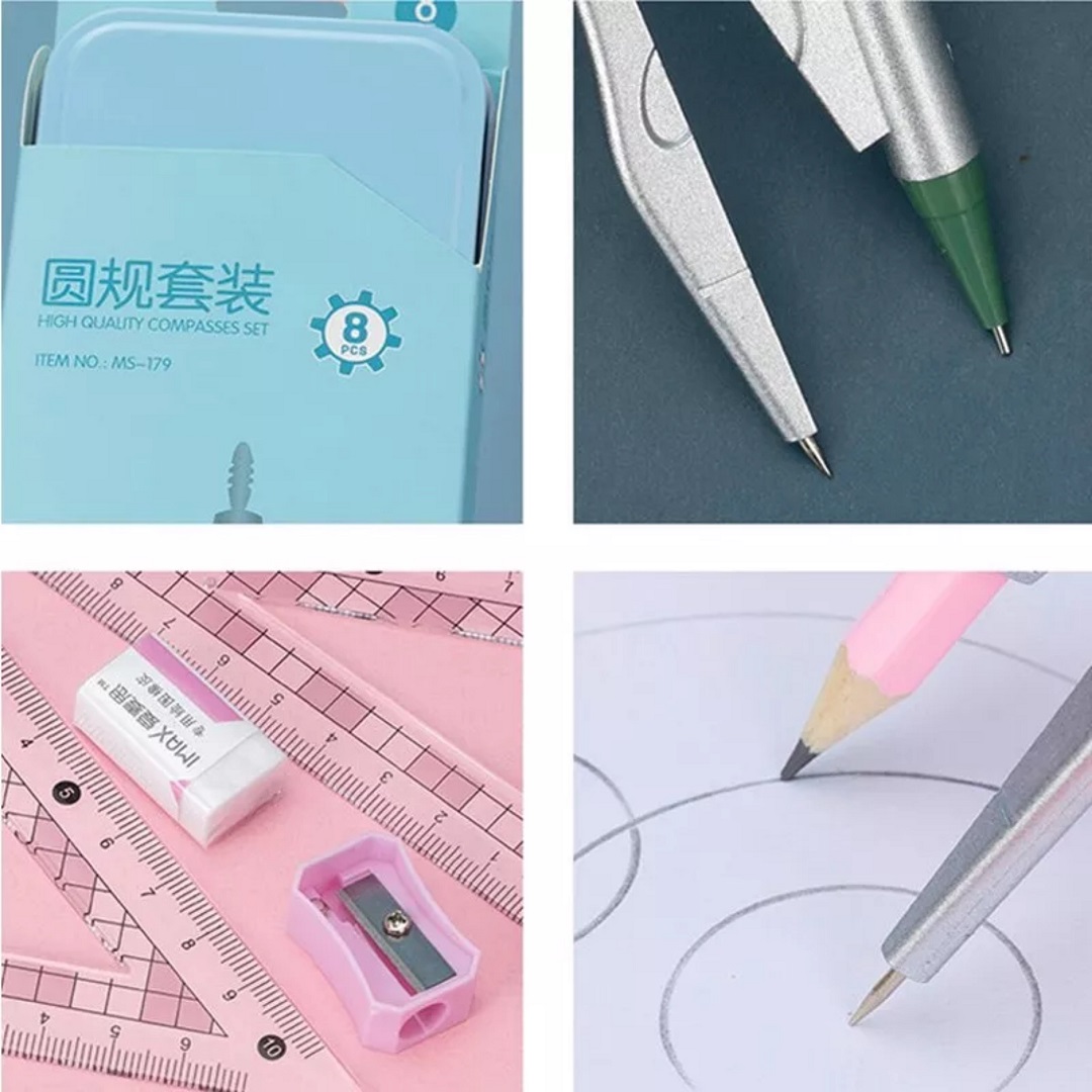 Bộ Compa, Eke Học Sinh, Gồm 8 Món: Compa, Chì Cây, Gọt Chì, Cục Tẩy, Thước kẻ, Thước Đo Độ, Eke Và Eke Vuông - 2P - Store