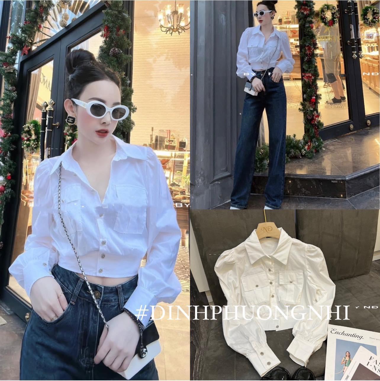 Áo sơ mi croptop khuy nấm