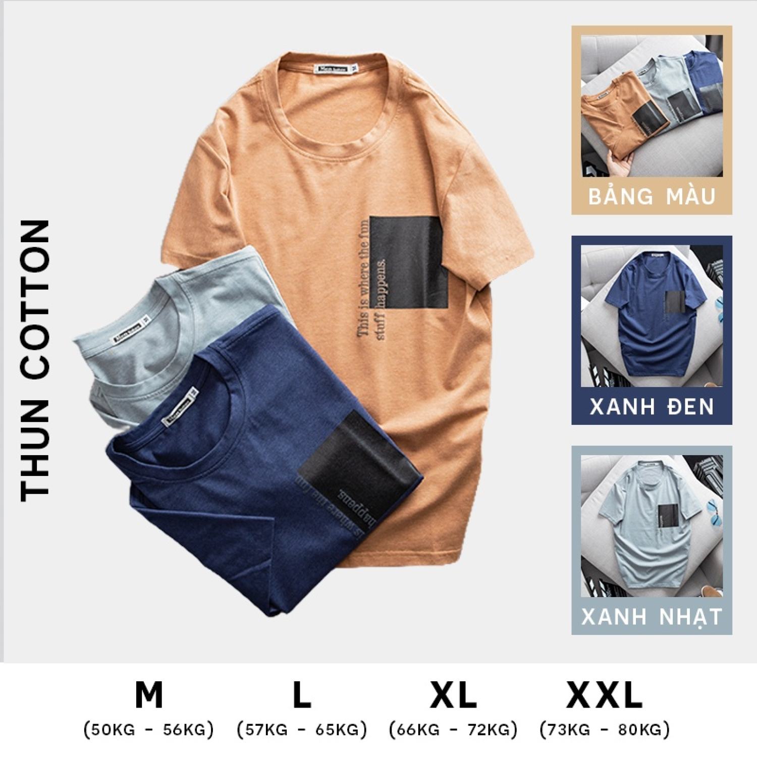 Áo thun nam cổ tròn in chữ rurumen màu kem, xanh đen, xanh biển