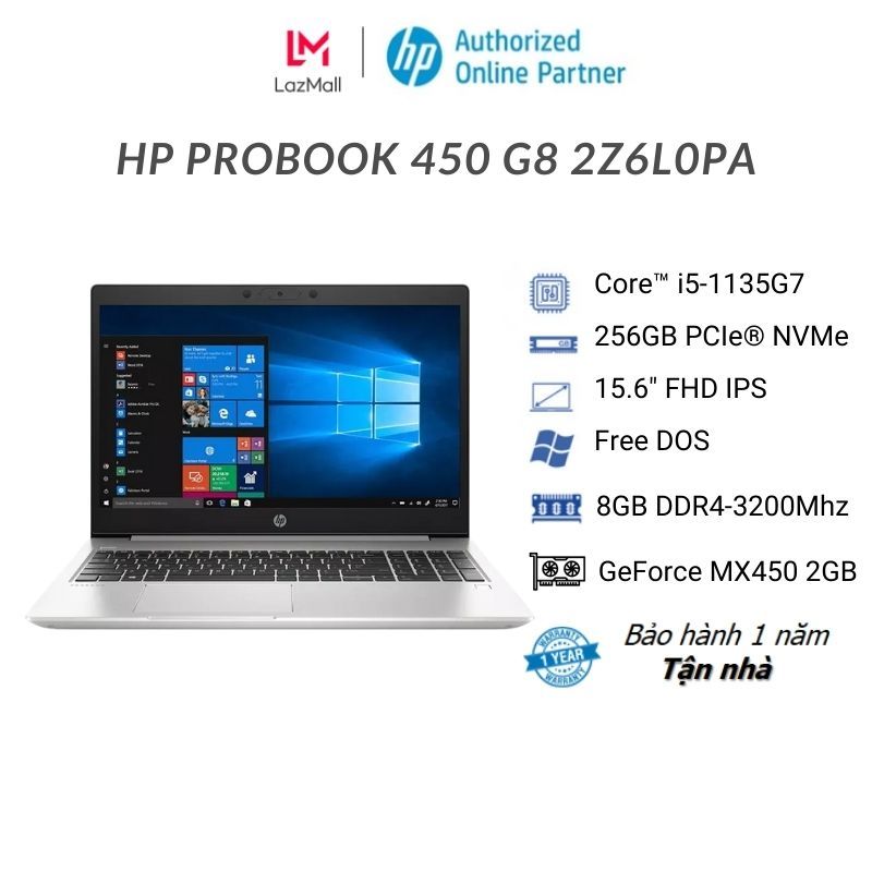 [Trả góp 0%]Laptop HP Probook 450 G8 2Z6L0PA (i5-1135G7| 8GB DDR4 |SSD 256GB | 2G_MX450| 15.6 FHD| Free DOS.