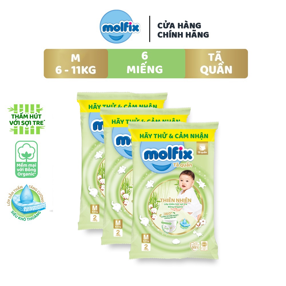 6 miếng Tã/ bỉm quần Molfix Thiên nhiên M (6kg - 11kg)