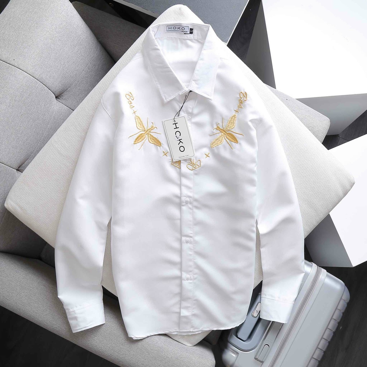 Áo sơ mi nam lụa in thêu hình con bướm cực ngầu - sora store 0080hk