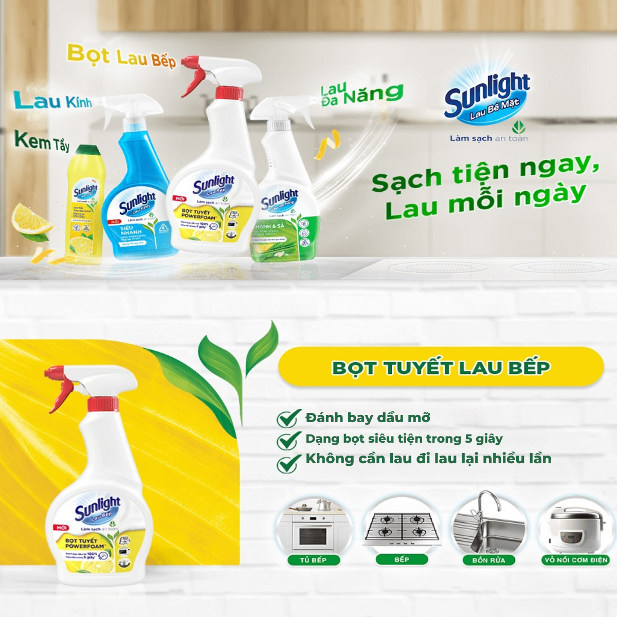 Nước Xịt Sunlight Lau Bếp Lau Bếp Bọt Tuyết POWERFOAM - Chai 500ML