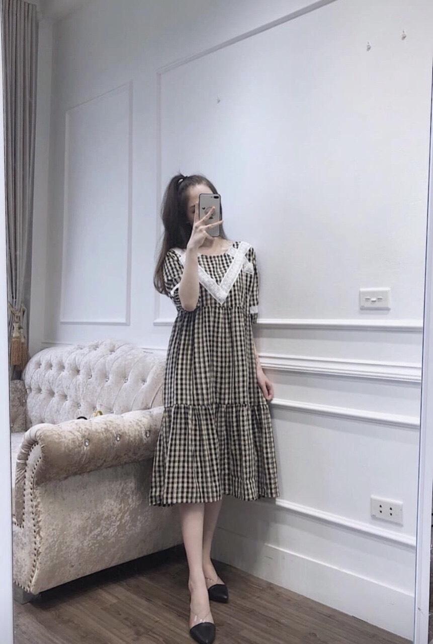 Váy bầu thu chất thô lụa kẻ xinh