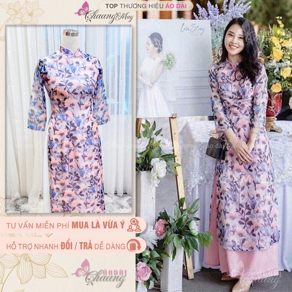 Áo dài hoa nhí cách tân dáng lửng hoa nhí hồng tím
