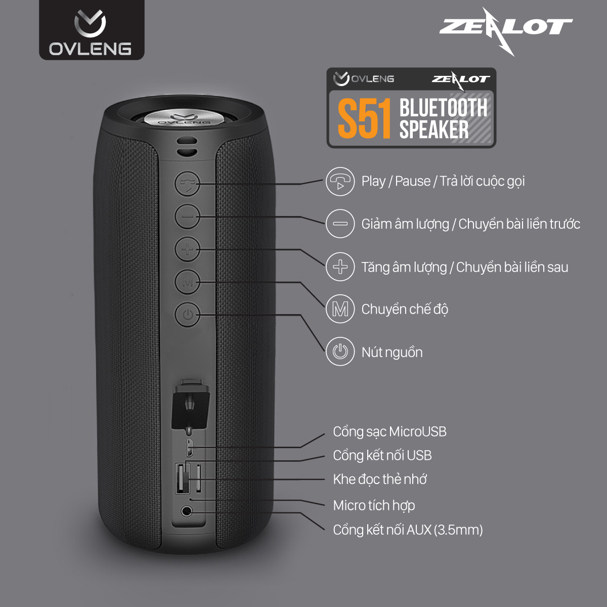 Loa Bluetooth 5.0 Extra Bass Ovleng S51