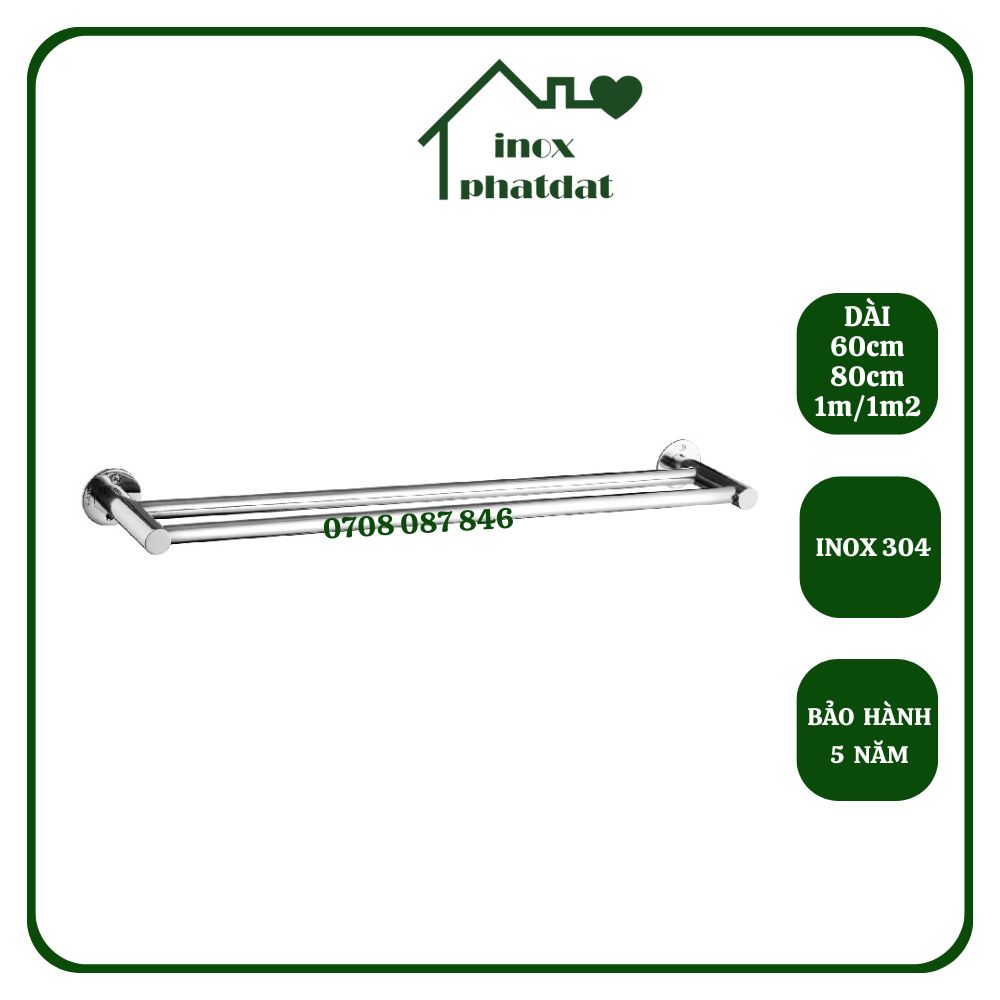 Thanh treo khăn đôi inox 304 phát đạt không rỉ sét dài 60cm/80cm/1m/1m2, máng khăn cao cấp, giá móc khăn mặt