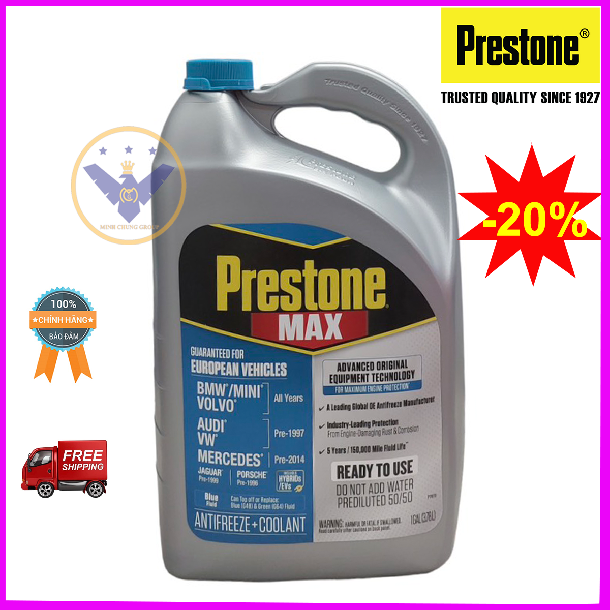 Nước làm mát động cơ xe ô tô màu xanh dương prestone max european - usa can 3.78l