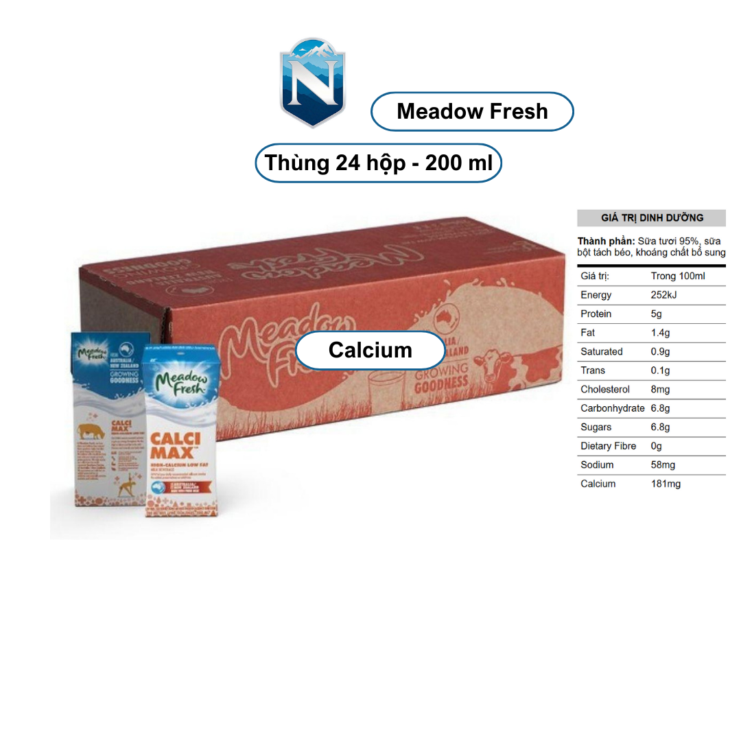 [Thùng] Sữa tươi Meadow Fresh Calci Max 200ml ít béo - nhập Úc