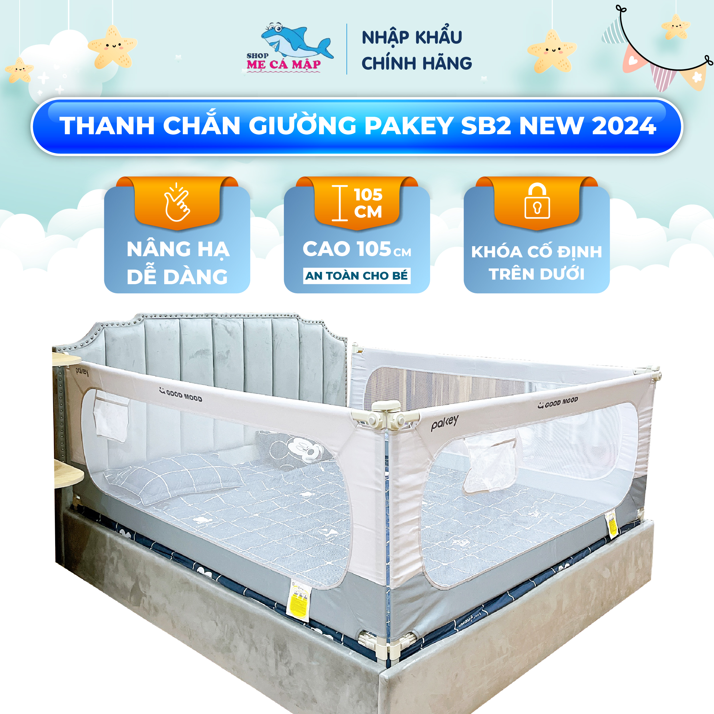 Thanh Chắn Giường Pakey NV2 Nâng Hạ Dạng Trượt Dễ Dàng Thanh Chắn Giường Có Khóa Xoáy 2 Chiều Bọc Xốp An Toàn Cho Bé