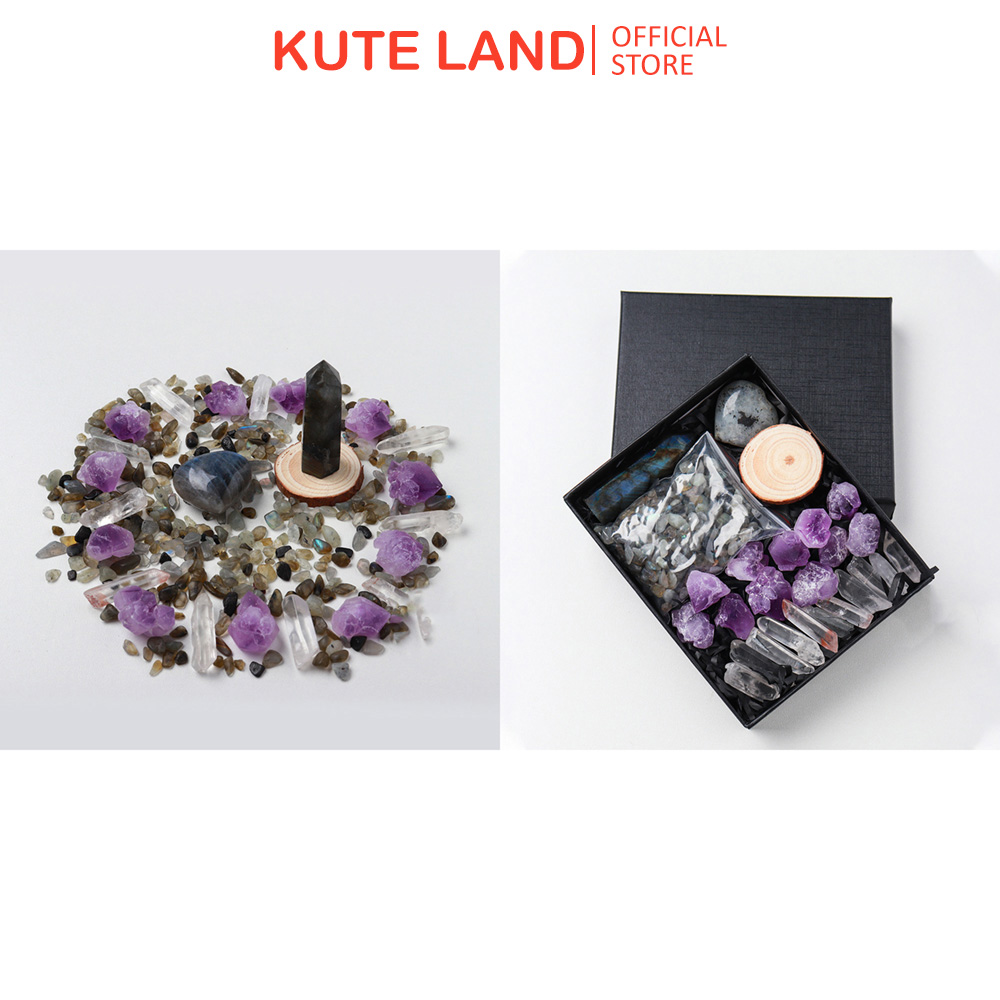 Hộp Quà Chakra Đá Trái Tim, Đá Trụ, Đá Vụn, Đá Amethyst Tooth Kèm Trụ Đá Nhỏ