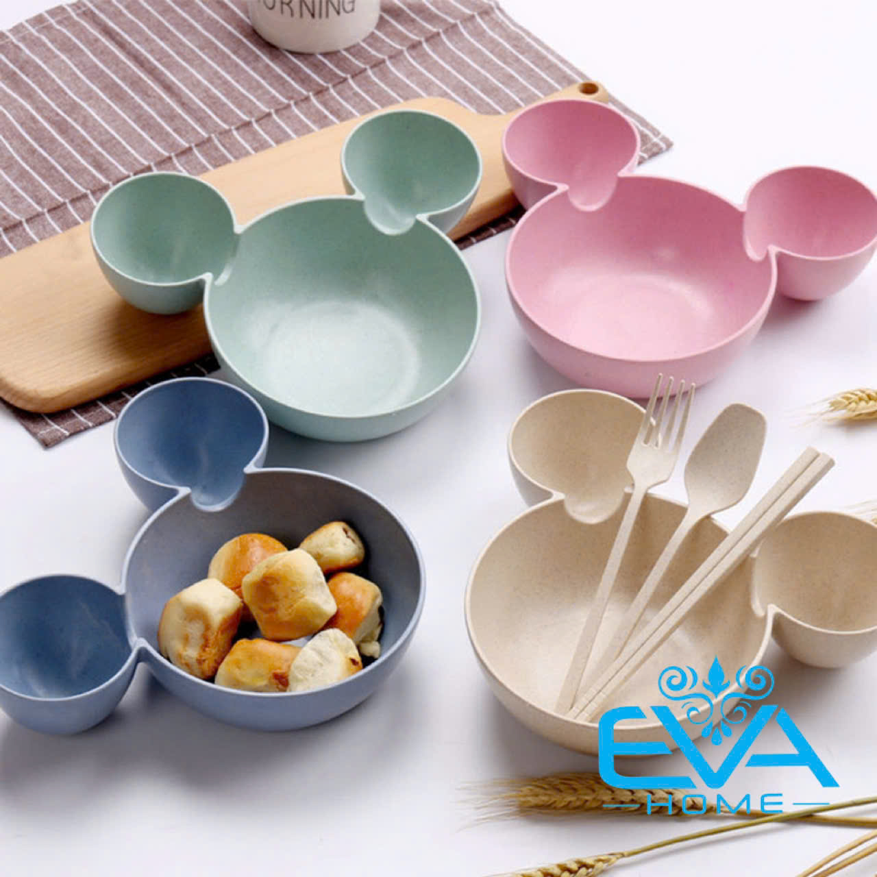 Bộ Chén Bát Ăn Dặm Hoạt Hình 3 Ngăn Kèm Đũa Muỗng Nĩa Cho Bé Chất Liệu Nhựa Lúa Mạch An Toàn Chịu Nhiệt Cao