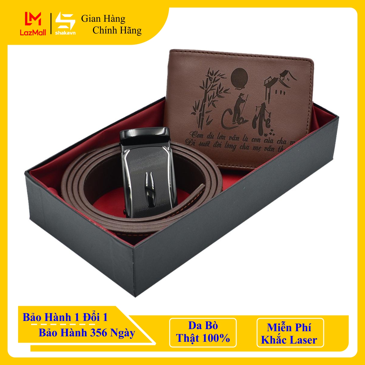 [COMBO SKN3] Ví Da Bò Khắc Laser + Thắt Lưng Da Bò Thời Trang Shakavn