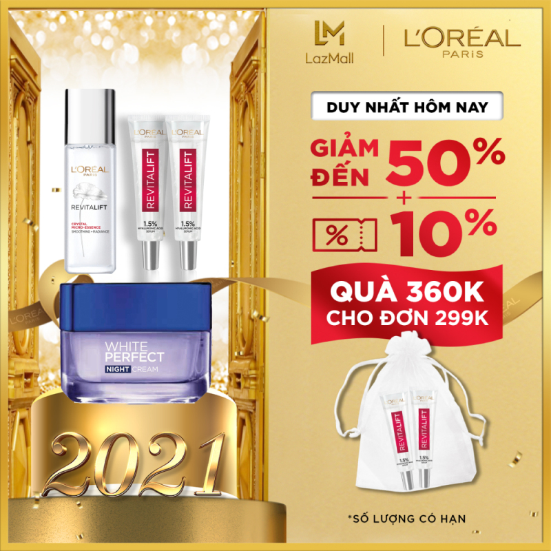 Bộ sản phẩm gồm: 1 kem đêm dưỡng trắng da đều màu White Perfect 50ml & 2 siêu serum cấp ẩm sáng da tức thì HA 1.5% & Dưỡng Chất Căng Mướt da 22ml