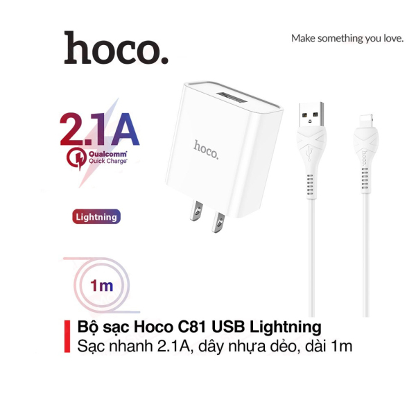 Bộ sạc nhanh 2.1A Hoco C81 chuôi dẹt vật liệu PC chống cháy kèm dây sạc Lightning dài 1M cho iPhone