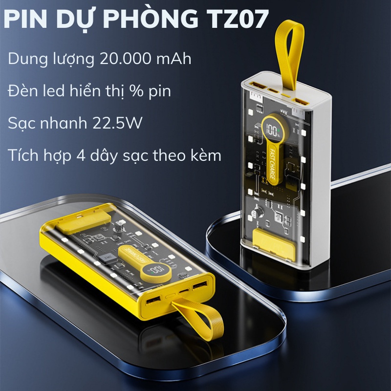 Pin sạc dự phòng 20000mah Hỗ trợ sạc nhanh 22.5W-40W, hỗ trợ đầu ra 66W tối đa,Tích hợp 2 cổng sạc đầu ra và màn hình Led hiển thị pin