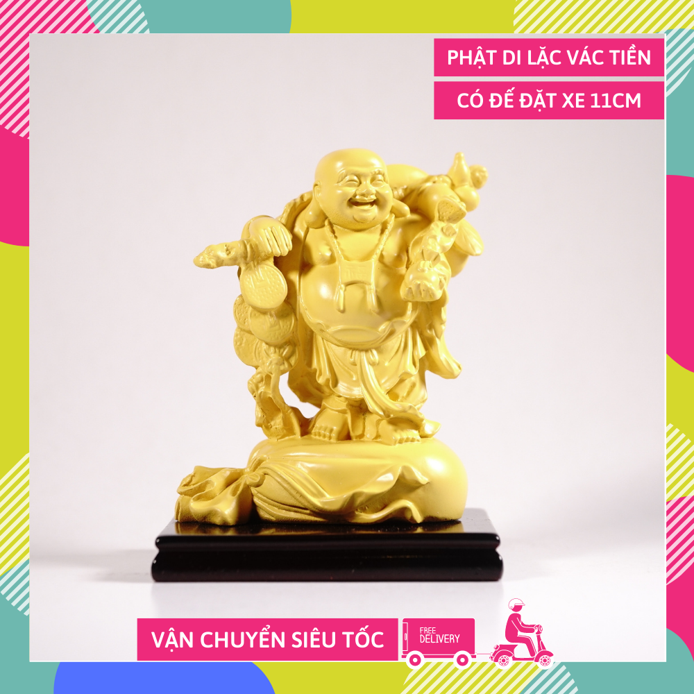 Tượng phật Di Lặc vác tiền trên bao tải có đế vàng đất - Cao 11cm