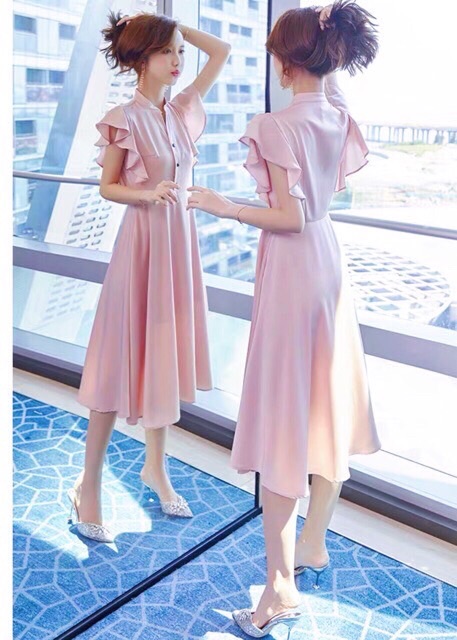 Đầm hồng cánh tiên nút đen