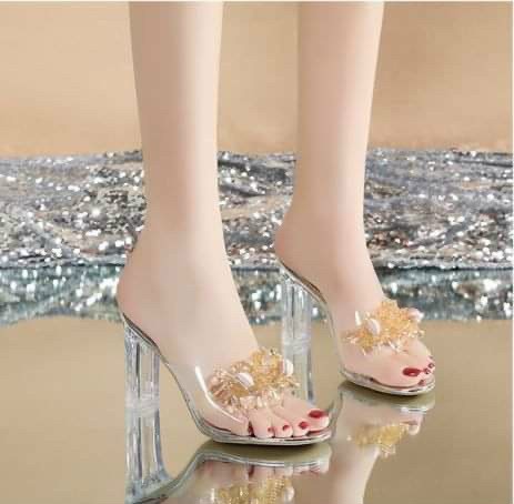 Dép nữ cao gót đế pha lê quai trong đính đá pha lê siêu sang( ĐẾ 9 PHÂN )