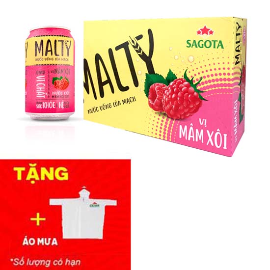 [Tặng Kèm 1 Áo Mưa Sagota] Nước uống lúa mạch Malty vị mâm xôi -Thùng 24 lon/330ml