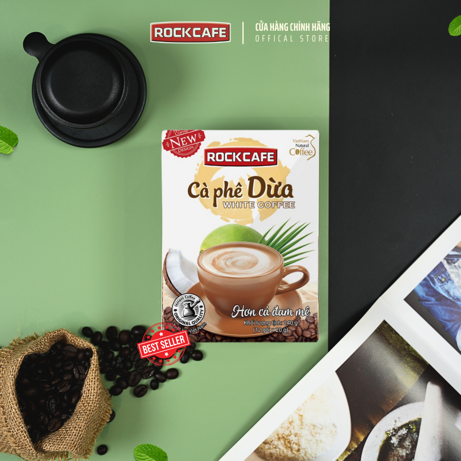 RockCafe - Cà phê hòa tan 3 trong 1 - Vị Dừa White Coffee độc đáo - Thơm ngon - Tinh khiết - Chuẩn vị cafe Việt -  Hộp 12 gói x 20 gr