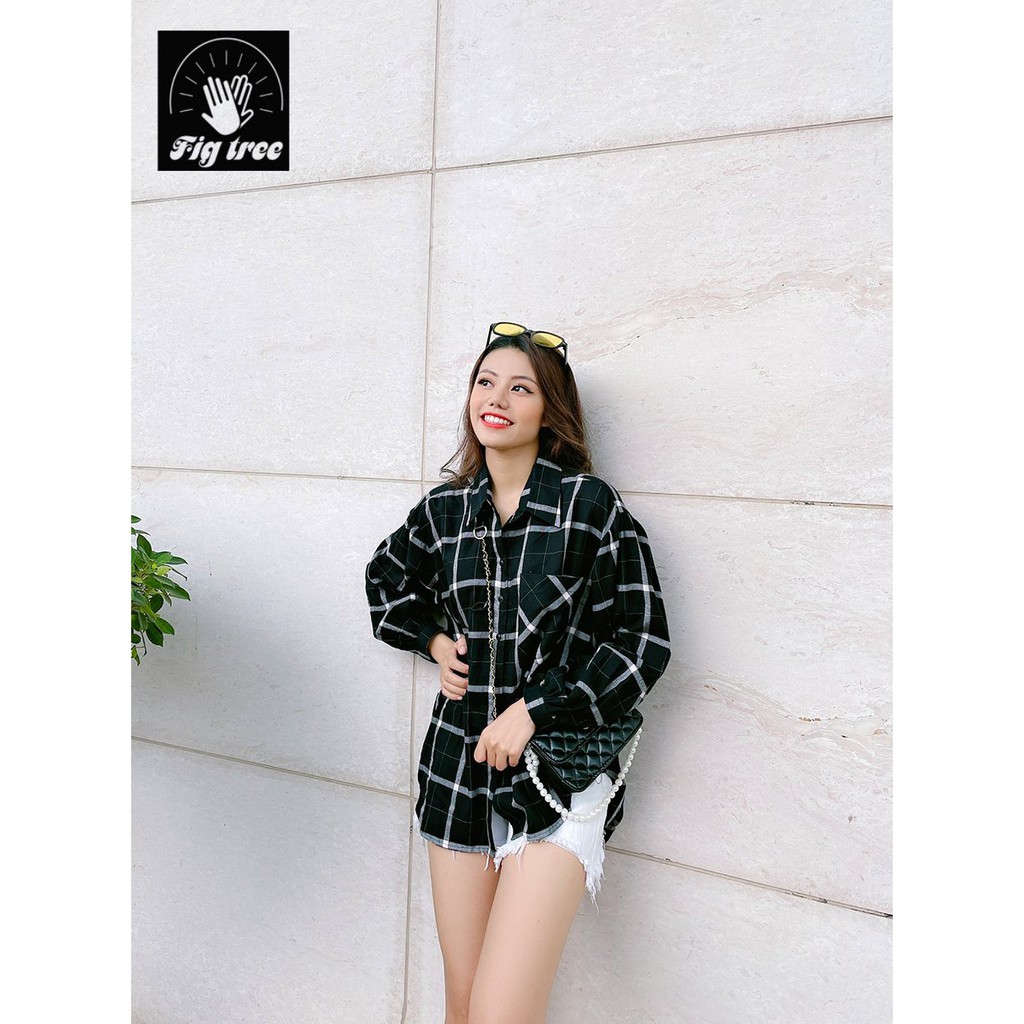 Áo đôi form rộng caro đen trắng FIG TREE mã 176A( hàng thiết kế - kèm cận cảnh)