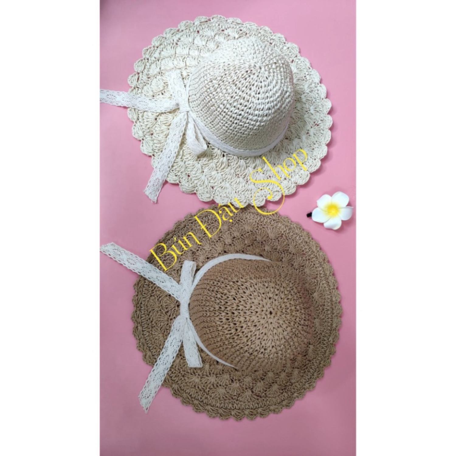 Mũ Cói Mềm Móc Tay Nơ Ren Tiểu Thư