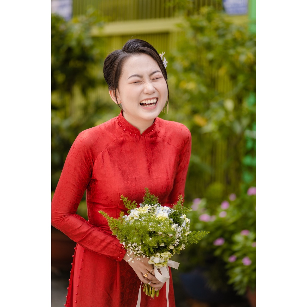 Áo dài cưới [Cam House] chất liệu gấm, đính ngọc trai đỏ