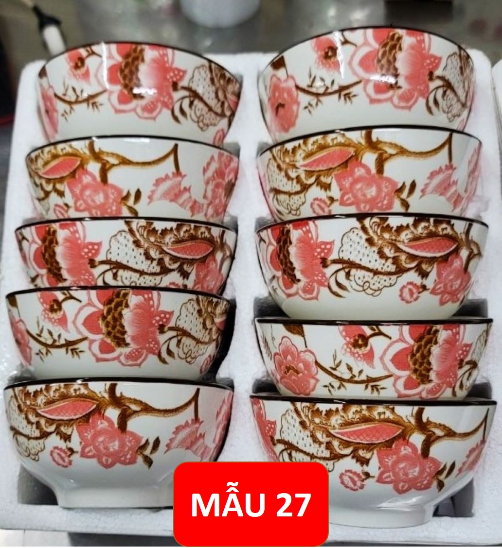 Bộ 10 Chén gốm sứ ăn cơm hoa văn 4D viền miệng chén ( không hộp Mousse)