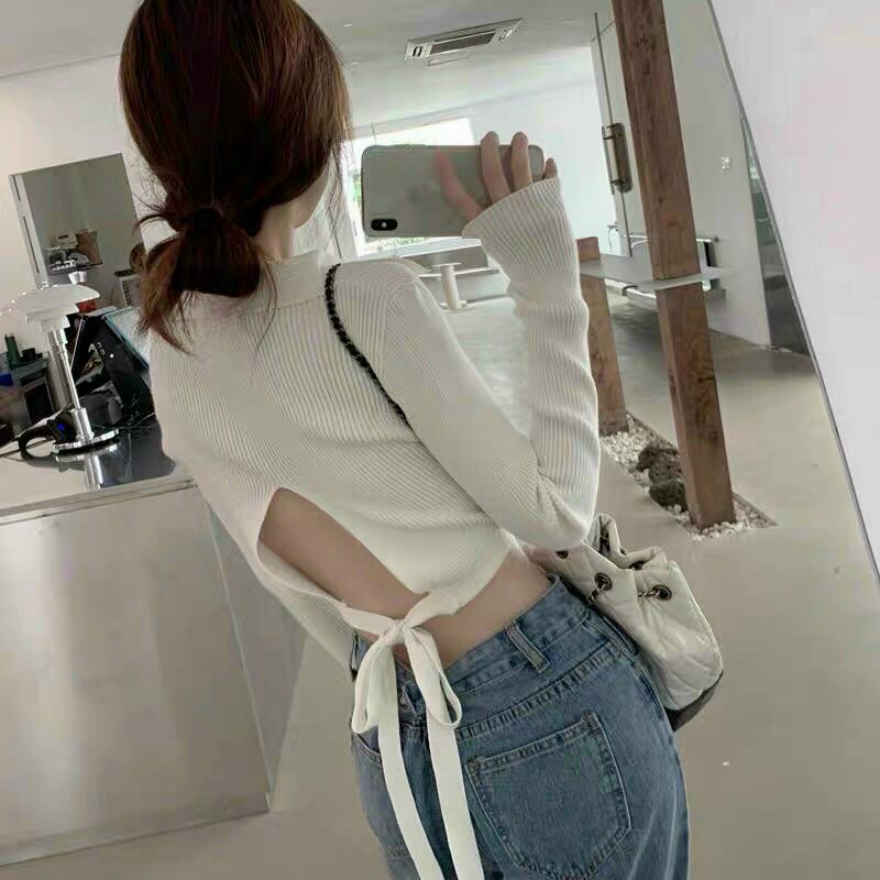 Áo tay dài cổ tim vải thun gân cột nơ lưng mc