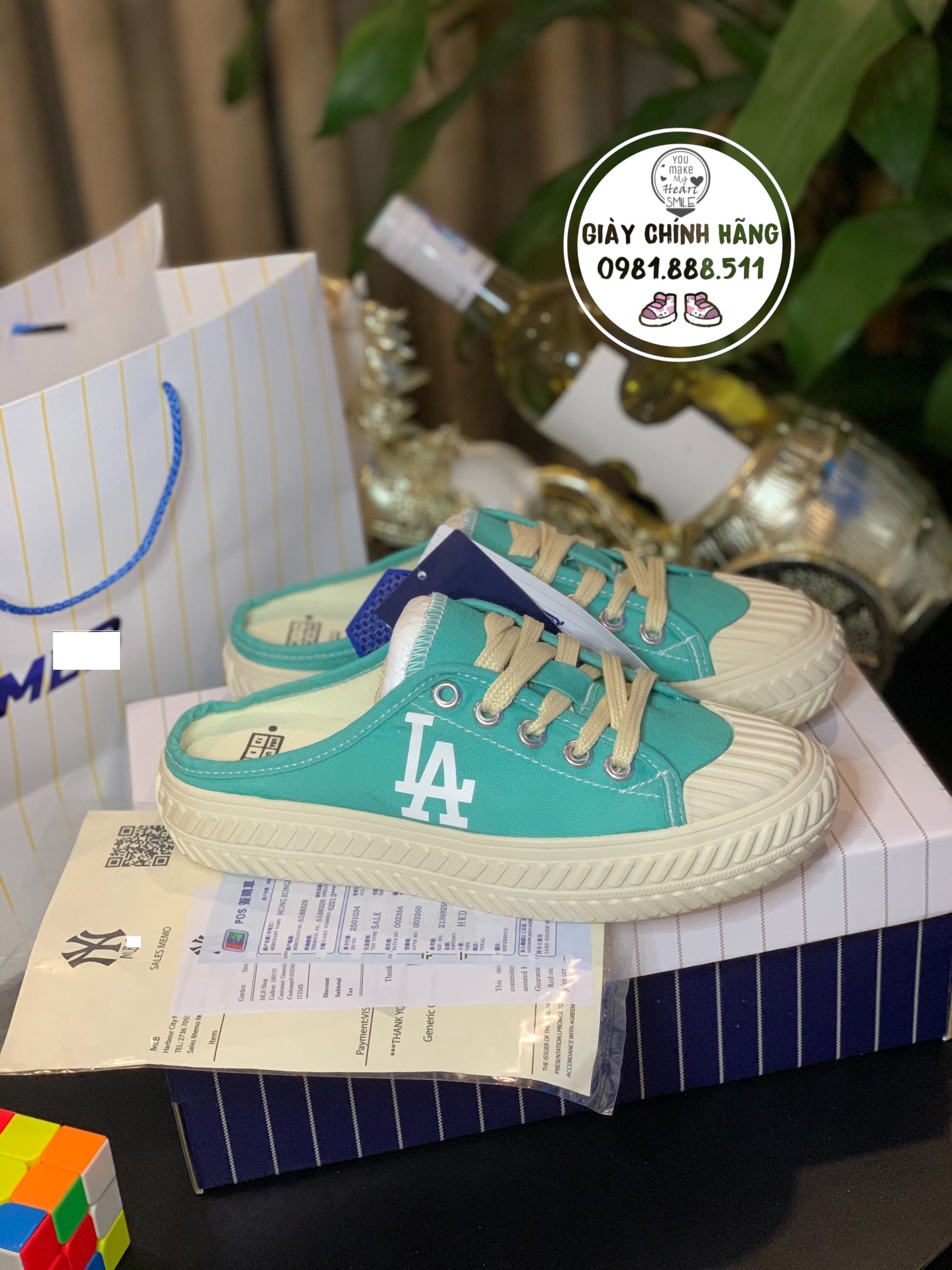 [ Giày Chính Hãng]Giày sục NY xanh, đạp gót mlb nữ full box bill.