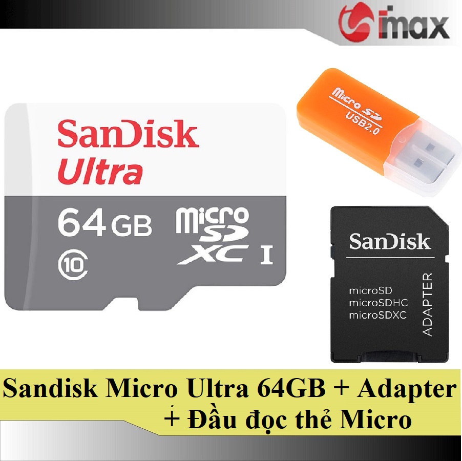 Thẻ nhớ sandisk micro sdxc ultra 64gb + adapter + đầu đọc thẻ micro