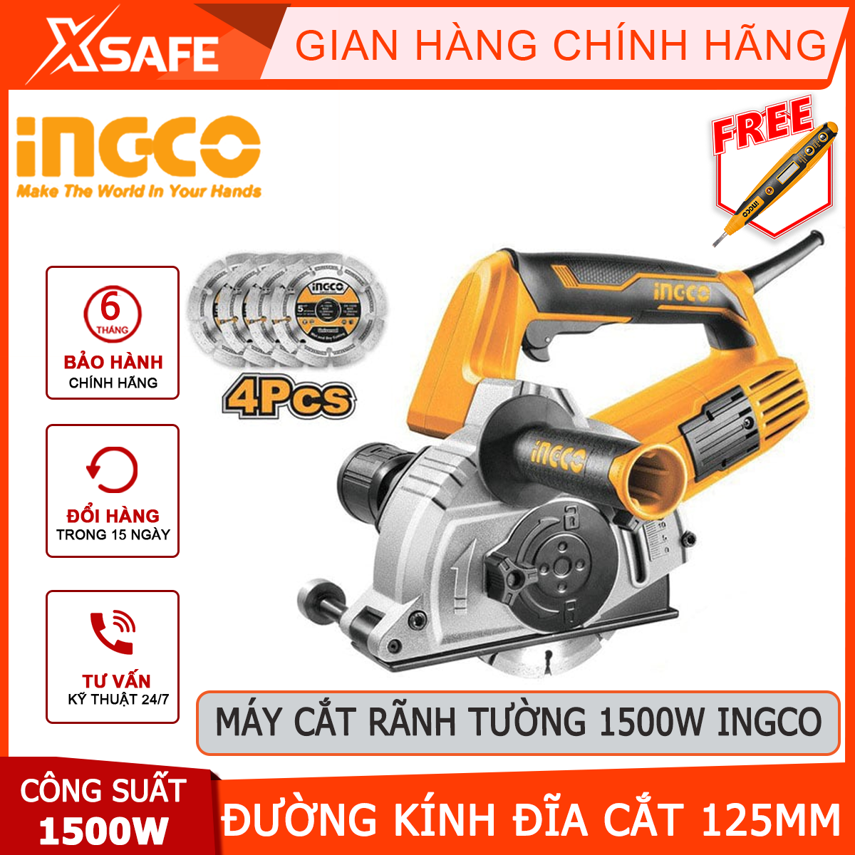 Groove cutting machine Wall ingco WLC15008 | milling machine Wall groove 1500W, độ deep cut 3-29mm, width cutting 8-30mm, spindle M14 make groove wire electrical, plumbing, cable [xsafe] [genuine]